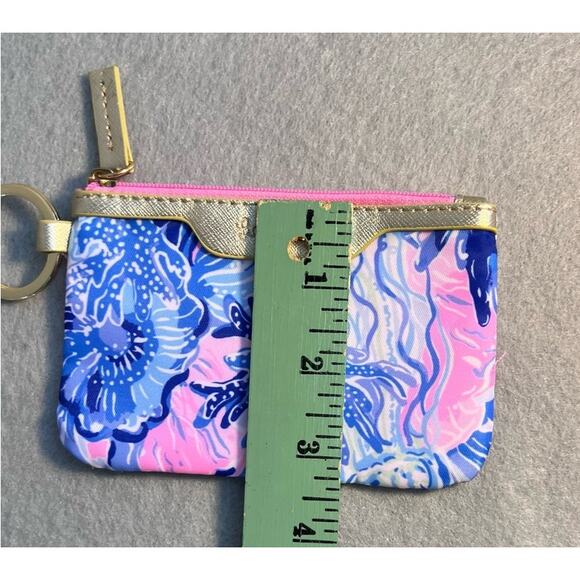 Lilly Pulitzer Zip ID Case Coin Pouch Card Holder Keychain Pink Blue Floral - Picture 7 of 8